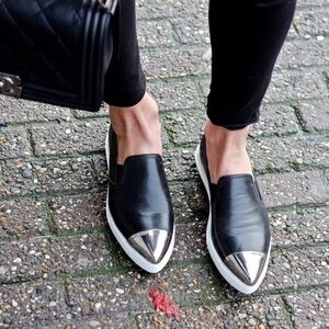 Miu Miu Black Leather Silver Metal Toe Sneakers Flats Shoes Size 9/39